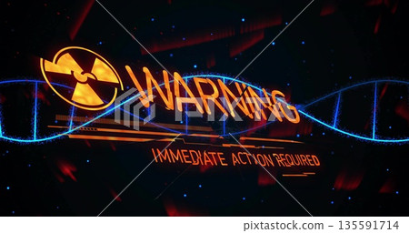 Showing warning interface flashing radiation symbol in hologram with DNA helix and red sparks 135591714