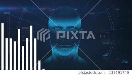 Floating digital head glowing with blue data points in data interface, with bar charts, grid lines Floating digital head glowing with blue data points in data interface, with bar charts, grid lines 135591749