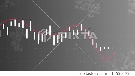 Displaying data visualization on dark dashboard, featuring white vertical bars red trend line Displaying data visualization on dark dashboard, featuring white vertical bars red trend line 135591753