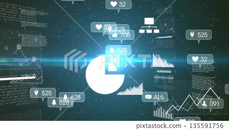 Emitting lens flare, white pie chart icon glowing on dashboard with notification bubbles and panels 135591756