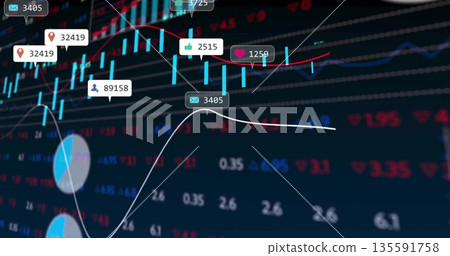 Displaying dashboard on screen showing candlestick bars and trend lines with notification icons Displaying dashboard on screen showing candlestick bars and trend lines with notification icons 135591758