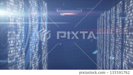 Virtual corridor featuring streaming code columns, circular data overlays, neon grid lines, flares 135591762