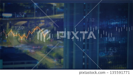 Displaying chart overlaying intersection and office tower, with yellow line graph and candlesticks Displaying chart overlaying intersection and office tower, with yellow line graph and candlesticks 135591771