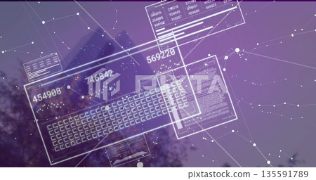 Floating digital interface over treetops against violet sky, with keyboard grid and numeric panels Floating digital interface over treetops against violet sky, with keyboard grid and numeric panels 135591789