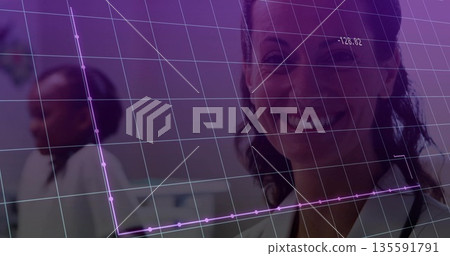 Smiling doctor wearing lab coat, stethoscope in corridor, with grid and upward trend graph overlays 135591791