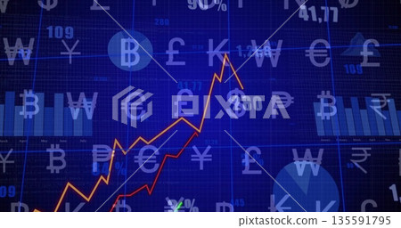 Dashboard displaying rising orange and red graphs on screen, with bars, pie chart, currency symbols Dashboard displaying rising orange and red graphs on screen, with bars, pie chart, currency symbols 135591795