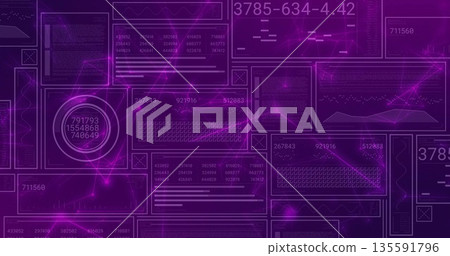 Displaying purple translucent panels in virtual interface, showing code blocks, data charts Displaying purple translucent panels in virtual interface, showing code blocks, data charts 135591796