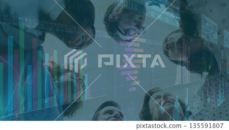 Six professionals in business attire reviewing data in meeting room, with bar chart data overlays Six professionals in business attire reviewing data in meeting room, with bar chart data overlays 135591807