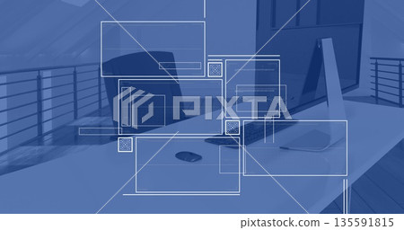 Displaying UI wireframe overlays over desk with computer setup, notebook, smartphone in loft office 135591815