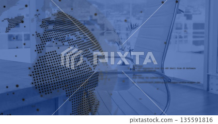 Dotted globe overlay occupying left side of office, with floor-to-ceiling windows, code, copy space 135591816