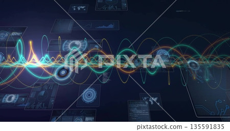 Undulating colorful waveform lines across virtual dashboard, with data panels and line charts 135591835