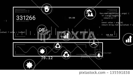 Displaying dashboard UI panels on black screen, with numeric metrics, code snippets and icons Displaying dashboard UI panels on black screen, with numeric metrics, code snippets and icons 135591838