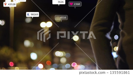 Displaying man torso in coat overlaying media metrics with lights on dark city street, copy space 135591861