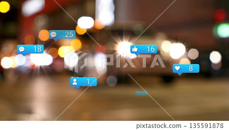 Floating blue notification icons over blurred city street at night, showing social media counts 135591878