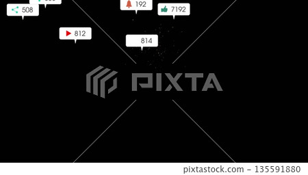 Floating icons showing share, view eye, bell, thumbs-up, play, bubble on black backdrop, copy space Floating icons showing share, view eye, bell, thumbs-up, play, bubble on black backdrop, copy space 135591880
