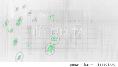 Displaying interface showing neon green, gray energy icons over faint grid with panel outlines 135591889
