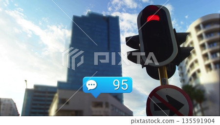 Framing traffic light and no-right-turn sign rising beside office tower, bubble '95', copy space Framing traffic light and no-right-turn sign rising beside office tower, bubble '95', copy space 135591904