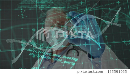 Pointing doctor wearing lab coat and mask interacting with holographic DNA in lab, with grid Pointing doctor wearing lab coat and mask interacting with holographic DNA in lab, with grid 135591935