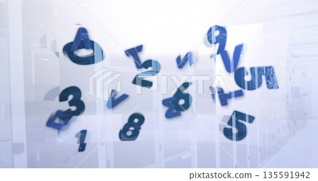 Floating blue digits drifting through data center aisle, with server racks and LED indicator lights Floating blue digits drifting through data center aisle, with server racks and LED indicator lights 135591942
