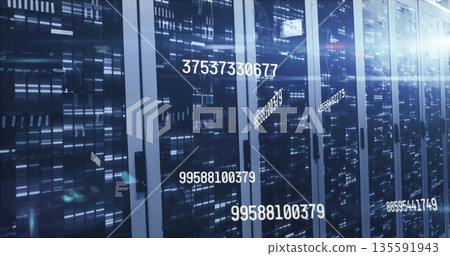 Flickering LED indicators on server cabinets streaming data flow in data center, digital overlay 135591943