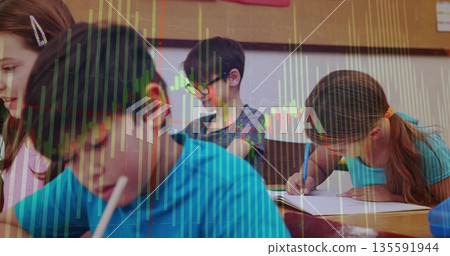 Elementary school children writing on papers at desks in classroom, with candlestick chart overlay 135591944
