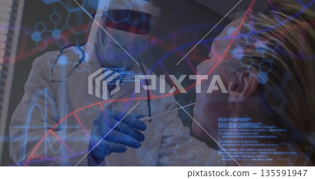 Doctor performing nasal swab on patient in clinic, with face shield, mask, gloves, digital overlay 135591947