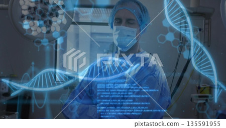 Analyzing male surgeon in scrubs reviewing data in operating room, with holographic DNA projections 135591955
