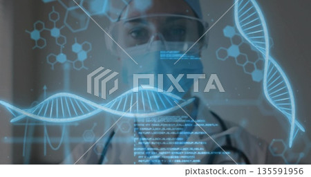 Observing masked researcher wearing goggles and lab coat in lab, analyzing DNA helix on hologram 135591956