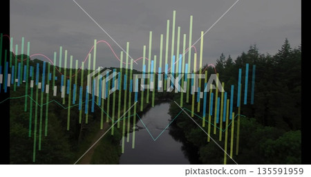 Winding river cutting through evergreen trees over river valley, with data bars and pastel graphs Winding river cutting through evergreen trees over river valley, with data bars and pastel graphs 135591959
