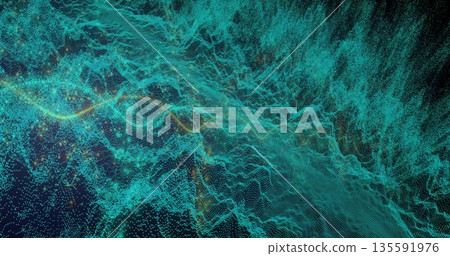 Forming 3D point cloud wave undulating in virtual space, with grid lines and orange highlights 135591976