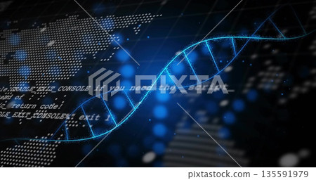 Floating glowing blue DNA double helix in digital environment, with world map nodes, scrolling code 135591979