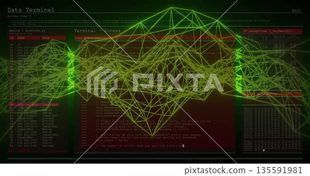 Displaying green-yellow wireframe on console, with terminal windows showing code and login details Displaying green-yellow wireframe on console, with terminal windows showing code and login details 135591981