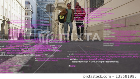 Walking developers in jackets with backpacks down narrow street with floating code, street sign 135591983
