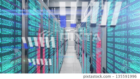 Streaming teal data overlays flowing through data center corridor with server racks and LEDs 135591996