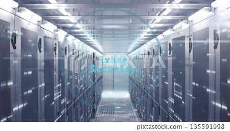 Extending corridor in server room featuring racks showing LED indicators, floor vents, cable trays Extending corridor in server room featuring racks showing LED indicators, floor vents, cable trays 135591998