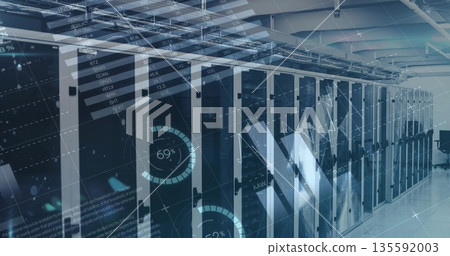 Glowing server rack bank showing network cables in data center corridor, digital overlay graphics 135592003