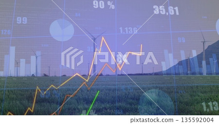Onshore wind turbines projecting energy data overlay on rural grassy field, with charts and graphs Onshore wind turbines projecting energy data overlay on rural grassy field, with charts and graphs 135592004