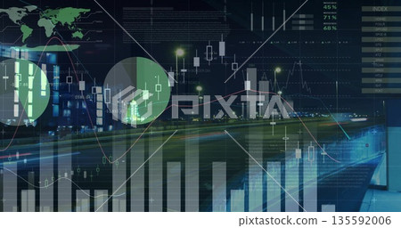 Displaying charts overlaying nighttime road, with candlestick bar line and circular segments Displaying charts overlaying nighttime road, with candlestick bar line and circular segments 135592006