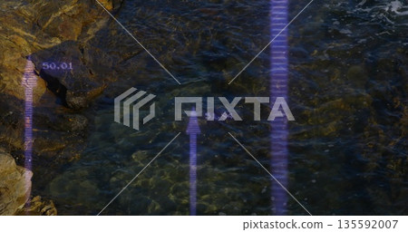 Pointing digital arrows rising over wet pebbles at rocky shoreline, numeric labels Pointing digital arrows rising over wet pebbles at rocky shoreline, numeric labels 135592007