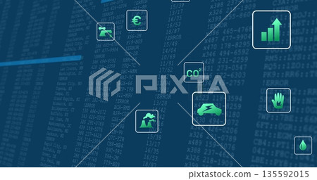 Floating green icons showing faucet euro CO? bar chart plug hand drop climber on digital dashboard 135592015