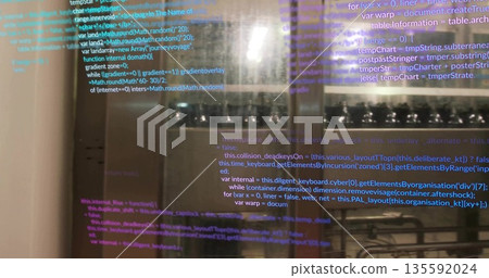 Displaying programming code on glass partition inside commercial kitchen, with steel ovens and jars Displaying programming code on glass partition inside commercial kitchen, with steel ovens and jars 135592024