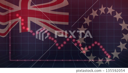 Displaying dotted red downward-trending line graph on 3D grid floor, with Union Jack and EU stars Displaying dotted red downward-trending line graph on 3D grid floor, with Union Jack and EU stars 135592054