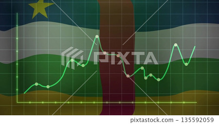 Showing green graph over Central African flag with stripes, yellow star, data nodes on grid overlay Showing green graph over Central African flag with stripes, yellow star, data nodes on grid overlay 135592059