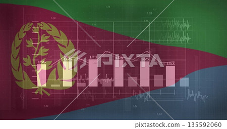 Displaying Eritrean flag with grid overlay in infographic, featuring bar chart and line graph 135592060