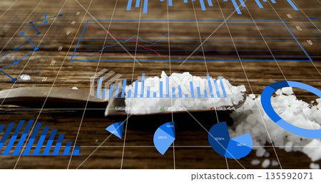 Displaying metal spoon containing white crystals on wooden table, with blue digital data charts Displaying metal spoon containing white crystals on wooden table, with blue digital data charts 135592071