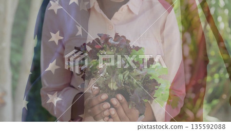 Holding leaf lettuce, woman in pale pink shirt in backyard garden with American flag overlay Holding leaf lettuce, woman in pale pink shirt in backyard garden with American flag overlay 135592088