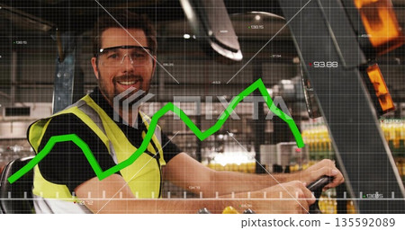 Warehouse operator in neon vest and goggles driving forklift in warehouse, with controls and chart Warehouse operator in neon vest and goggles driving forklift in warehouse, with controls and chart 135592089