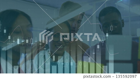Analyzing six colleagues studying bar and line graphs on monitor in office, with glass partition Analyzing six colleagues studying bar and line graphs on monitor in office, with glass partition 135592097