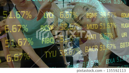 Performing side stretch five women on yoga mats in gym studio, with stock ticker overlay Performing side stretch five women on yoga mats in gym studio, with stock ticker overlay 135592113