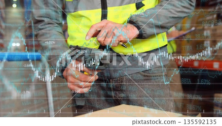 Scanning worker wearing hi-vis vest using handheld barcode scanner at conveyor, with data overlay Scanning worker wearing hi-vis vest using handheld barcode scanner at conveyor, with data overlay 135592135